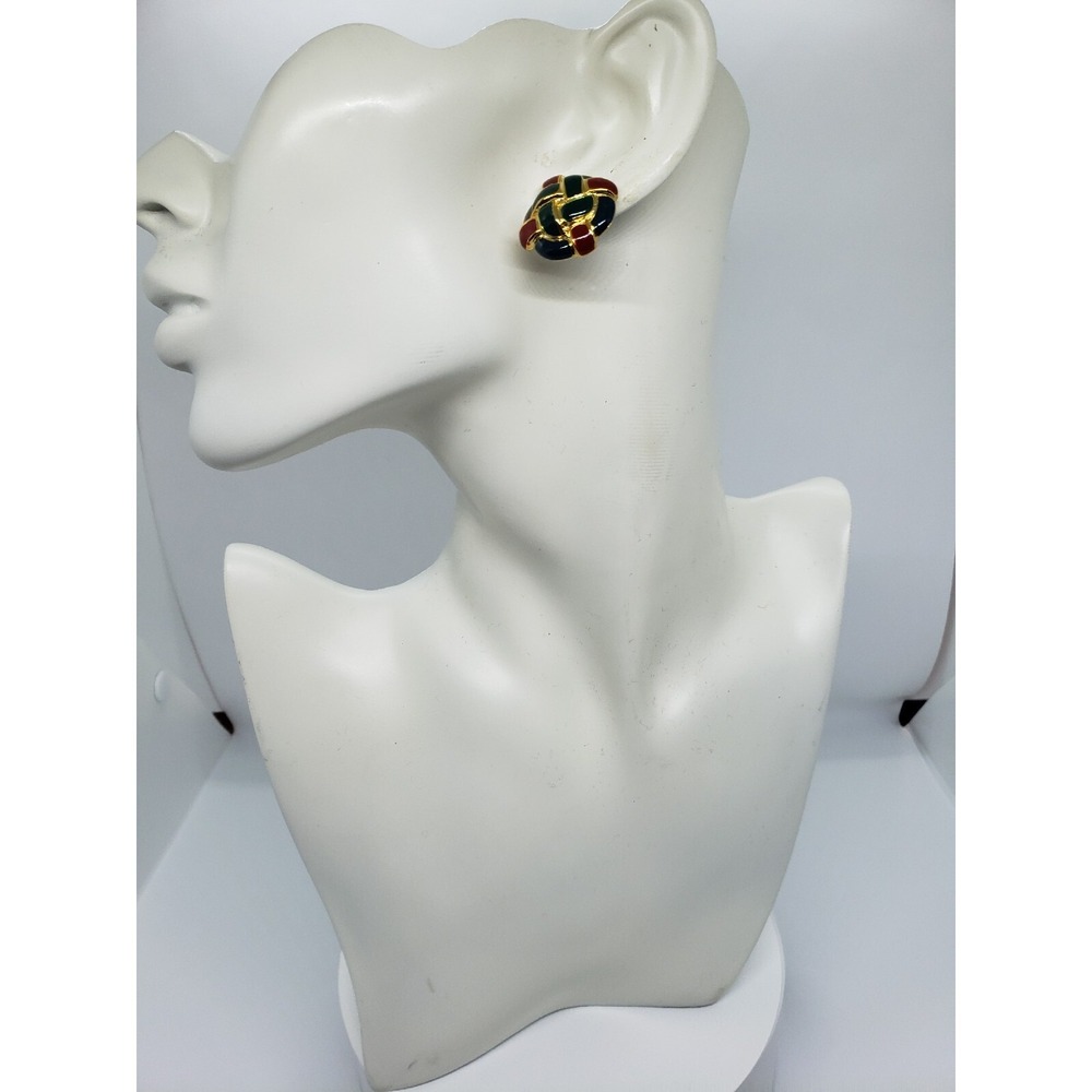 Vintage Green Red Enameled Gold Tone Woven Style Round Stud Earrings Jewelry - Picture 1 of 8